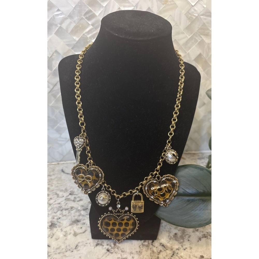 Betsey Johnson‎ Three Heart Leopard Heart Key Rhinestones Locket Pearl Necklace